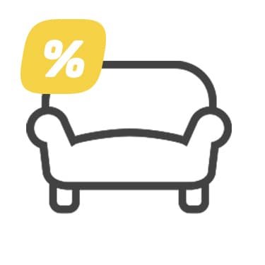 Prozentzeichen im gelben Feld über Sofa-Symbol – Rabattaktion auf Sofas
