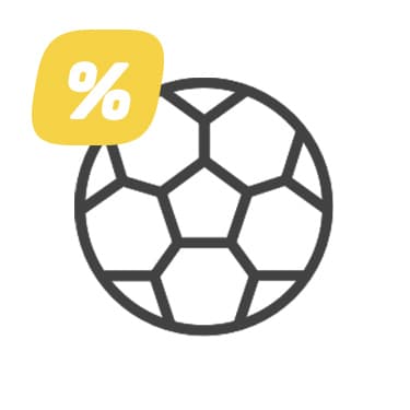 Prozentzeichen im gelben Feld über einem stilisierten Fußball als Symbol für Sport-Rabatt