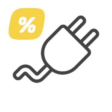 Gelbes Prozentzeichen neben stilisiertem Stromstecker-Symbol