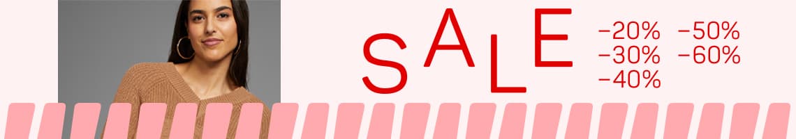 SALE – 20 %, 30 %, 40 %, 50 %, 60 % Rabatt – Frau im Pullover lächelt in die Kamera