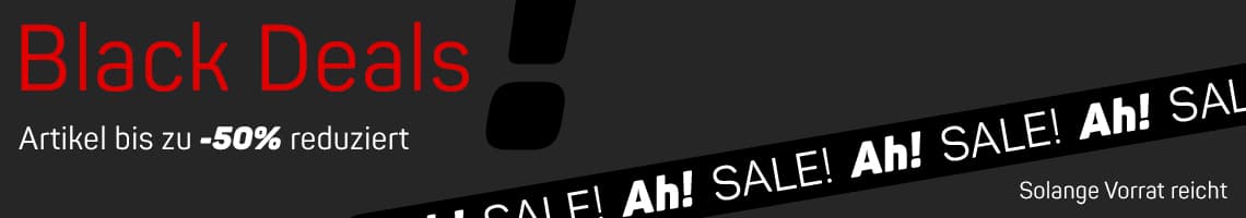 Black Deals – Artikel bis zu -50% reduziert. Ah! SALE! Solange Vorrat reicht. Schwarzer Hintergrund mit roter und weißer Schrift.