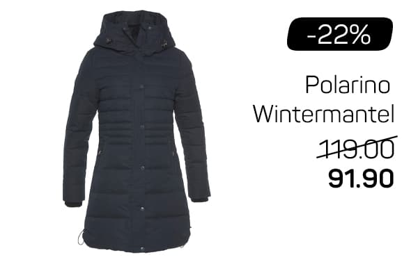 -22% Polarino Wintermantel 119.00 jetzt 91.90 – langer, dunkelblauer Mantel mit Kapuze und Reissverschluss