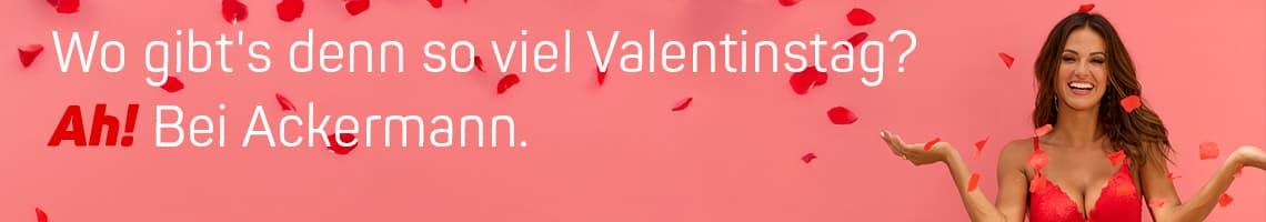 Wo gibt's denn so viel Valentinstag? Ah! Bei Ackermann. Frau im roten Spitzen-BH vor rosa Hintergrund mit Rosenblättern.