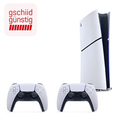 gschiid günstig – weiße Spielkonsole mit zwei passenden Controllern nebeneinander